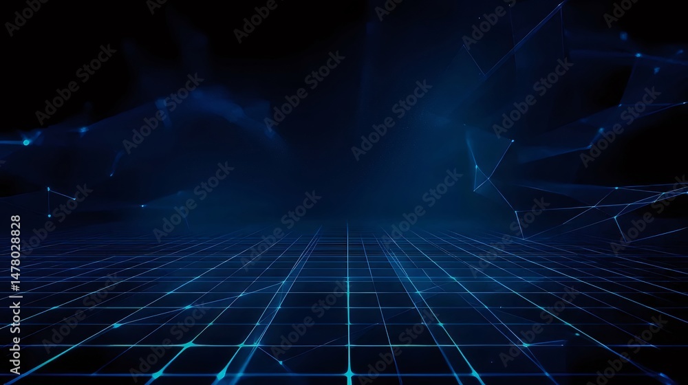 Poster abstract blue digital grid perspective network on black background for technology and data presentat