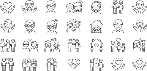 Family and Love Line Editable Icons set. Vector illustration in modern thin line style of relationships related icons: traditional and lgbtq couple, family members, symbols of love, and more