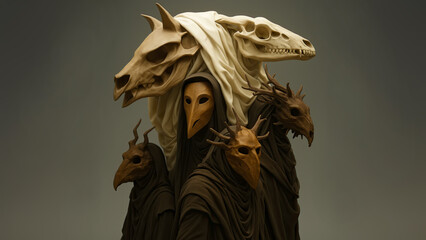 Generated image. mythological hero with a skull mask on his face