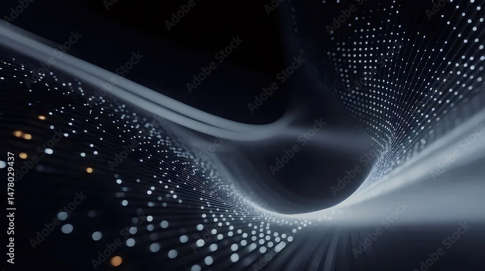 Poster futuristic abstract glowing lines and particles on dark background with smooth curves in a modern an