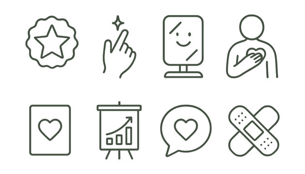 Line style icons of tiny acts of kindness to self: small win sticker icon, light touch badge, smile at mirror tag, hand on heart file, “I care” card board, celebrate one thing chart, effort over
