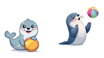 Vsai cute baby seals playing with balls, a cartoon illustration of adorable aquatic mammals