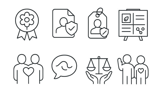 Line style icons of mutual care and limits in therapy: therapist self-care badge, therapeutic boundary file, presence with limits tag, sustainability plan board, shared humanity chart, “name the