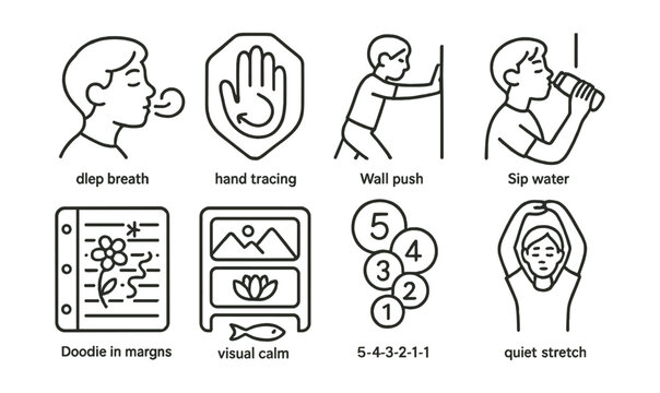 Line style icons of calm-down techniques in class: deep breath icon, hand tracing badge, wall push tag, sip water file, doodle in margins board, visual calm chart, 5-4-3-2-1 bubble, quiet stretch
