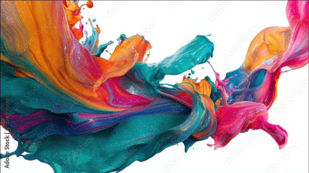 Poster vibrant abstract swirls of paint creating colorful patterns with fluid motion in bright orange, pink