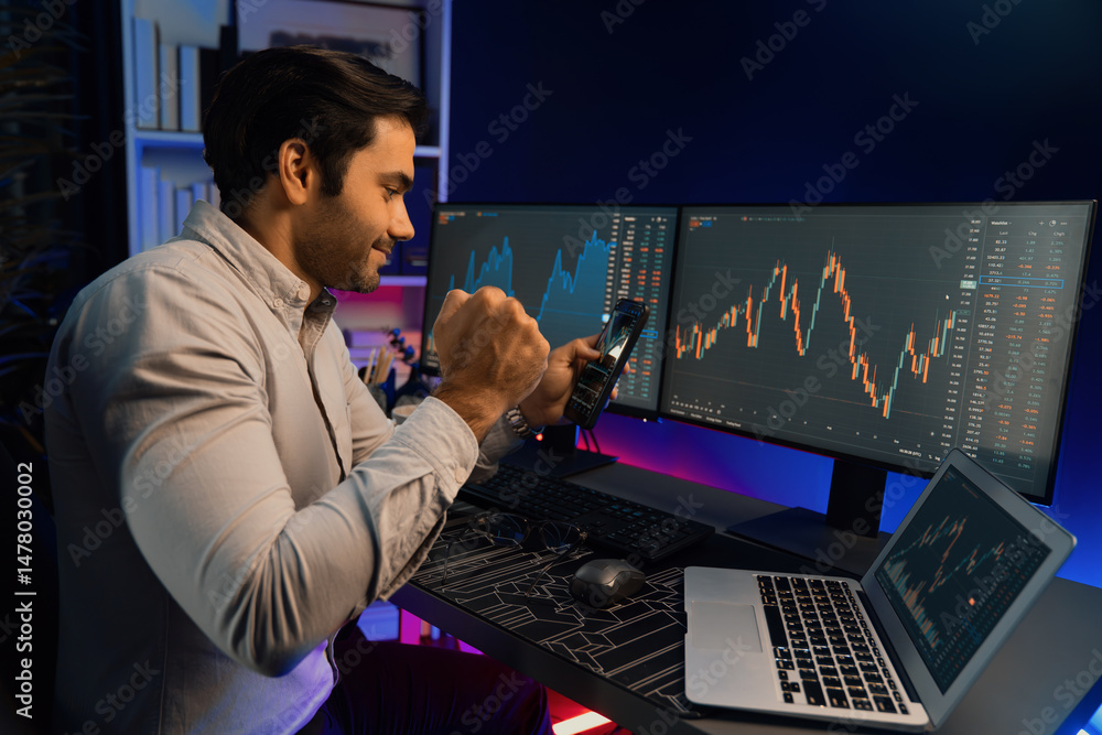 Poster smart trader businessman concentrating on dynamic stock exchange investment on pc and laptop showing