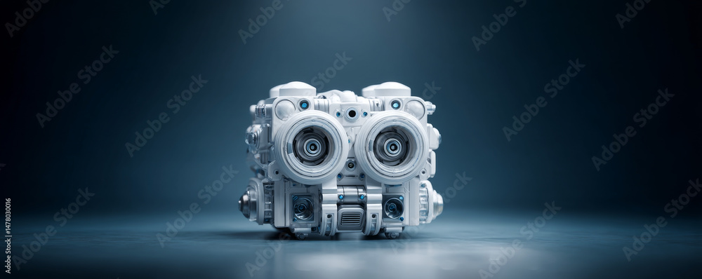 Poster close-up of a modern robotic device on a dark background showcasing advanced design.