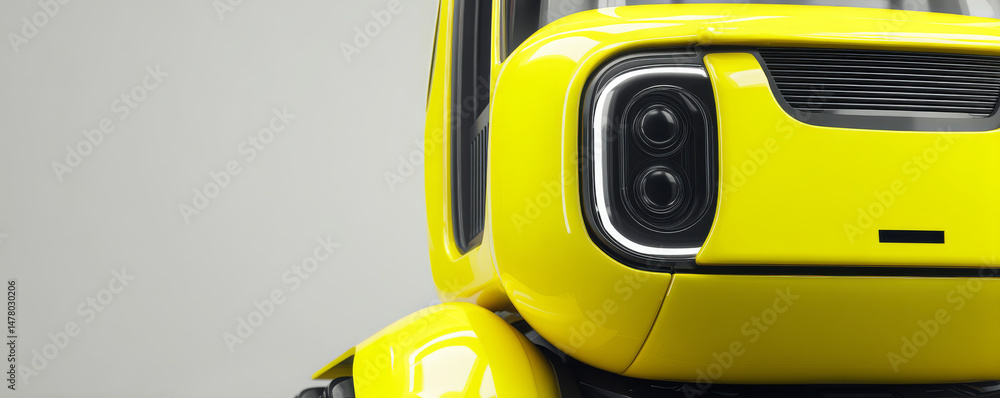 Poster close-up of a modern yellow robot showcasing advanced design features.