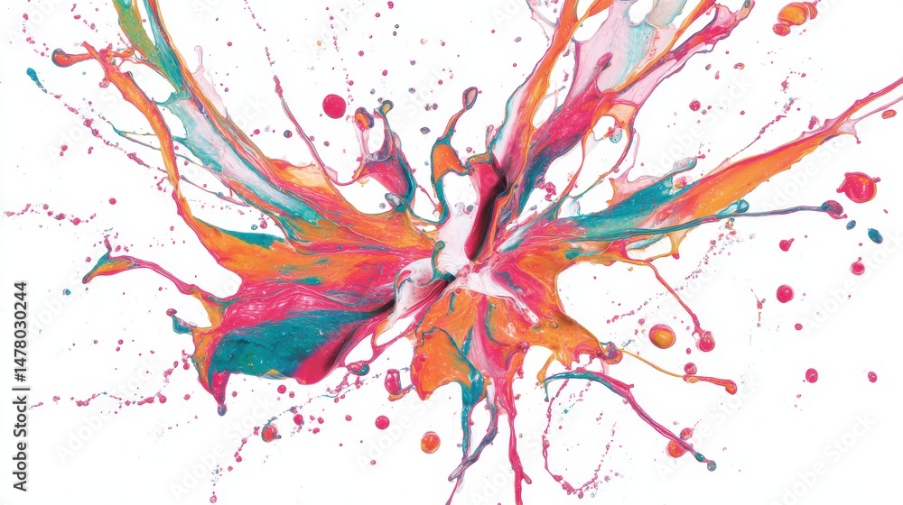 Poster vibrant and colorful abstract splash with dynamic swirls and paint droplets on white background for 