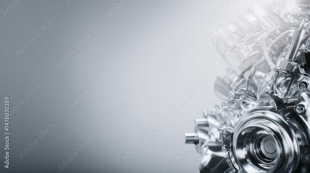 Poster close-up of a polished engine component showcasing intricate details and design.