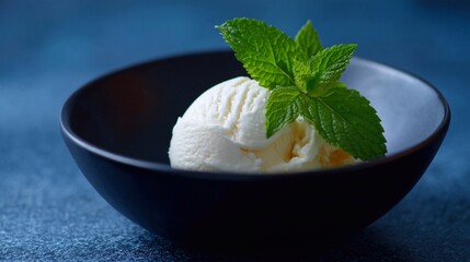 Closeup of creamy vanilla ice cream scoop garnished with fresh mint leaves in a sleek black bowl against a deep blue background