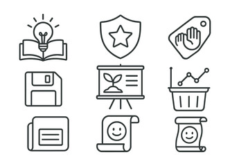 Line style icons of screen-free ins Line style icons of positive content habits: learn something icon, reflect on input badge, share with care tag, save the best file, grow from feed board, delete