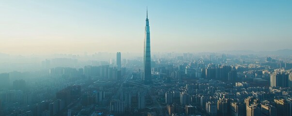 Obraz premium High Angle View of a Metropolis with Tall Buildings Under a Hazy Blue Sky