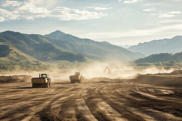 Heavy Machinery Grading Land at Construction Site with Distant Mountain Range