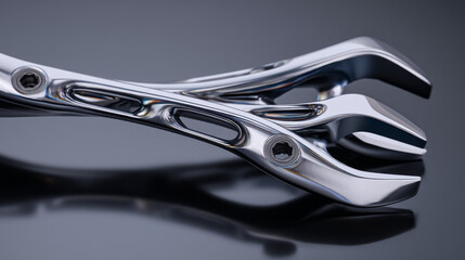 Close-up of a shiny metal wrench on a sleek surface, showcasing modern tool design.