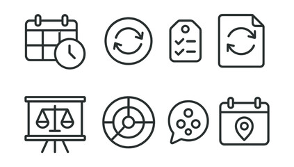 Line style icons of attention-friendly schedules: block time icon, switch time badge, short-task pair tag, rotate + reset file, balance in class board, focused day rhythm chart, flow-friendly bubble,