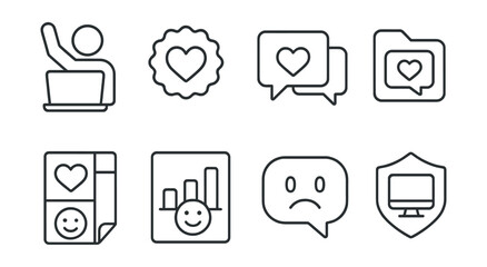 Line style icons of student empowerment online: stand up online icon, kindness comment badge, support reply tag, ally message file, empathy sticker board, positivity post chart, “not okay” bubble,