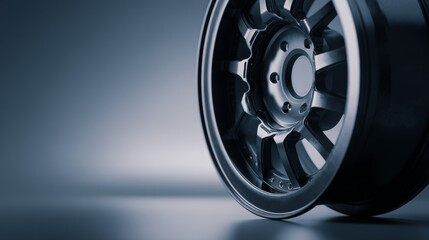 Obraz premium Close-up of a sleek, modern alloy wheel against a smooth gradient background.