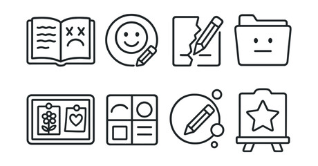 Line style icons of journaling and creative outlet: vent page icon, draw your mood badge, write then rip tag, visual emotion file, poetry and feelings board, collage thoughts chart, color and release