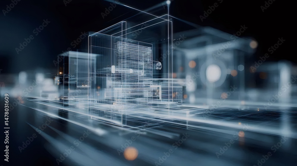 Poster abstract digital wireframe structure with white glowing lines and complex interconnections on black 