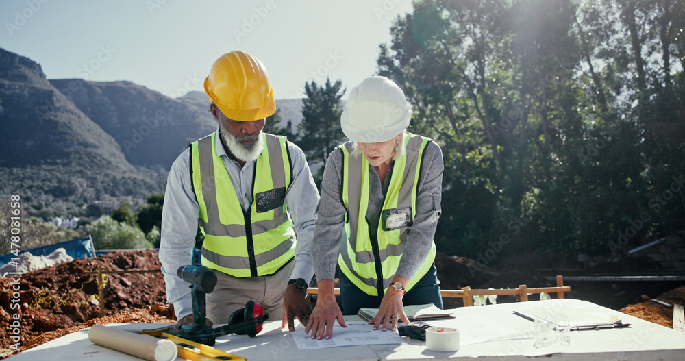 Poster people, architect and reading blueprint for construction, floor plan and collaboration for building 