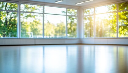 Fototapeta premium Sunlit interior space with large windows overlooking trees empty room with natural light