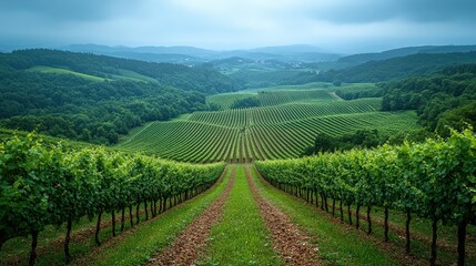 Fototapeta premium Lush vineyard landscape stretches across rolling hills.