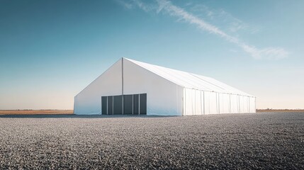 Large White Tent Structure in Open Field Under Blue Sky