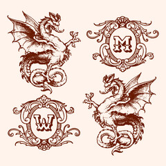 Vector set: tribal dragon silhouette with floral pattern and heraldic elements design