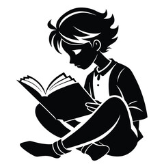 Silhouette of Boy Reading Book While Sitting, Vector Graphic Illustration, Isolated Artwork
