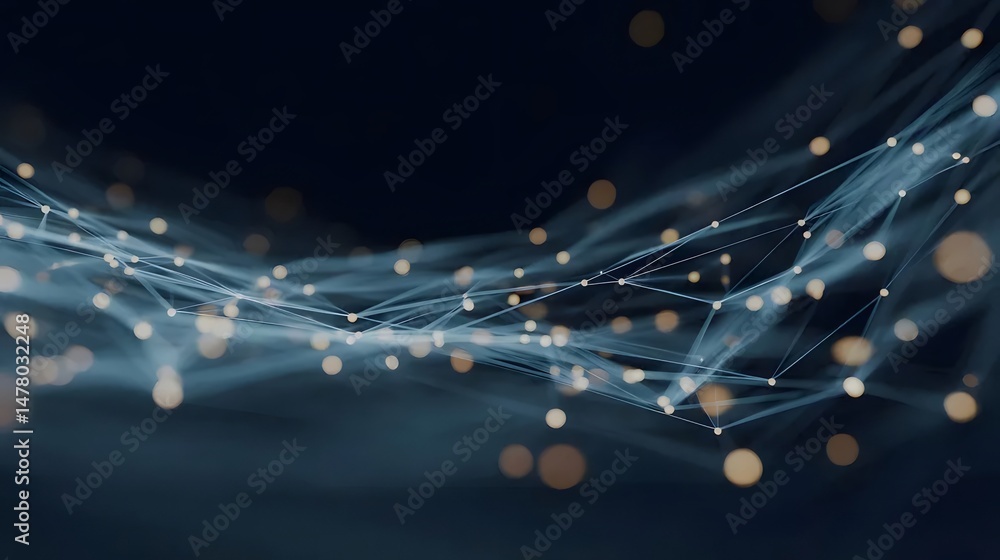 Poster abstract network connection with glowing dots and wavy lines on dark blue background for modern tech