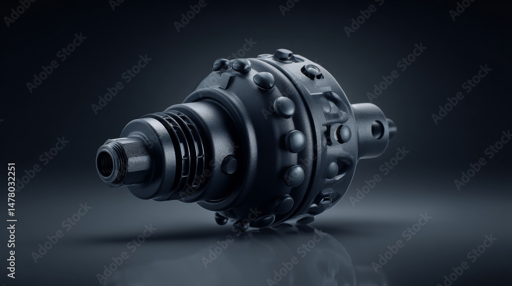 Poster close-up of a sleek mechanical component showcasing intricate design and technology.