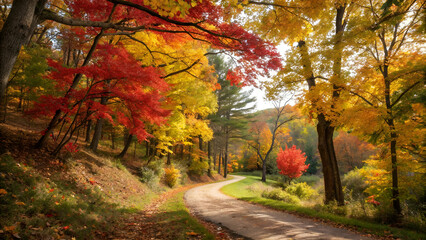 Fototapeta premium Scenic Autumn Forest Path with Colorful Foliage and Blue Sky – Fall Season Landscape Background