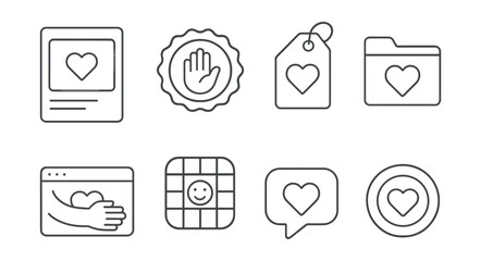 Line style icons of kindness online campaigns: post with love icon, random kindness badge, positivity challenge tag, share joy file, digital hugs board, meme of care chart, compliment generator