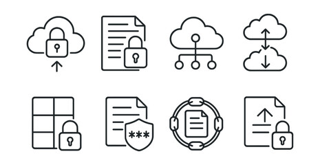 Line style icons of data storage security: secure cloud backup icon, encrypted file storage service, decentralized cloud backup, multi-cloud data replication, file sharding security, zero-knowledge