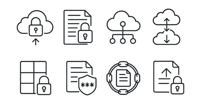 Line style icons of data storage security: secure cloud backup icon, encrypted file storage service, decentralized cloud backup, multi-cloud data replication, file sharding security, zero-knowledge