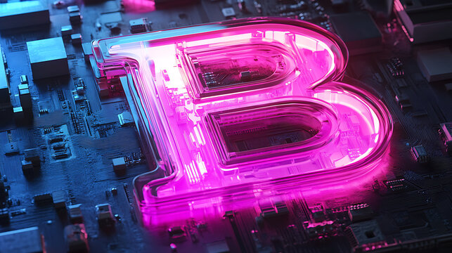 Glowing Neon Letter B on Futuristic Circuit Board Technology Background