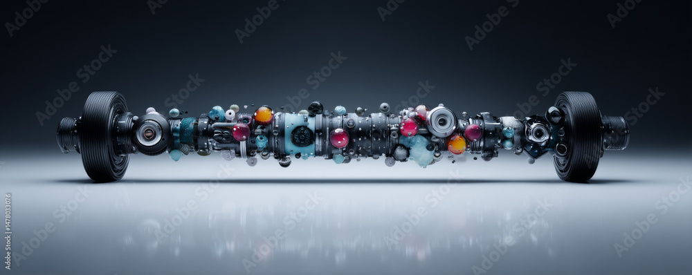 Poster close-up of colorful mechanical parts assembled into a unique abstract design.