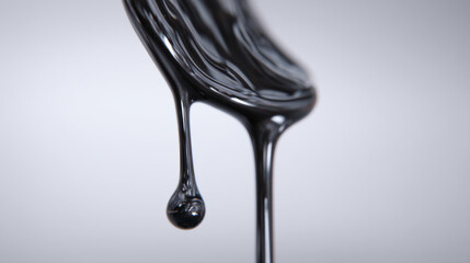 Close-up of black liquid dripping, showcasing texture and fluidity.