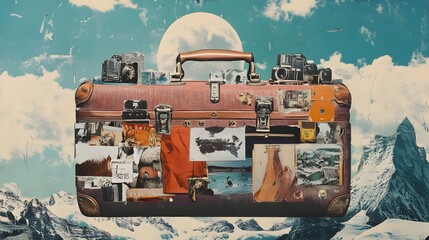 Obraz premium Vintage Travel Luggage with Holiday Stickers and Cameras – Collage Art Style. 