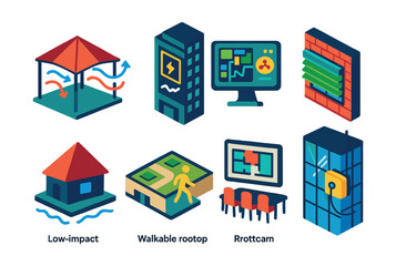 Fototapeta premium Isometric flat vector icons of Architectural Innovation: pavilion with airflow simulation, building with digital energy dashboard, urban planning algorithm interface, retractable green shading façade