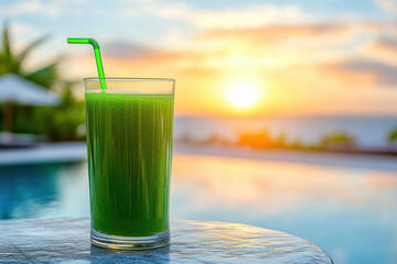 Vibrant green juice served by the poolside during sunset in a tropical paradise