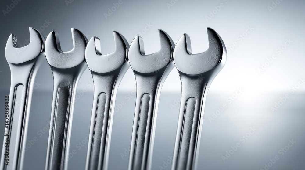 Poster close-up of shiny metallic wrenches arranged in a row, showcasing tools for mechanics.