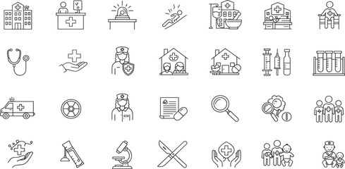 Hospital Line Editable Icons set. Vector illustration in modern thin line style of medicine related icons: doctor, ambulance, treatment, and more.