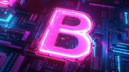 Glowing Neon Letter B on Futuristic Circuit Board Technology Background