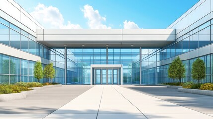 Modern Glass Office Building Entrance with Landscaping, Sunny Day