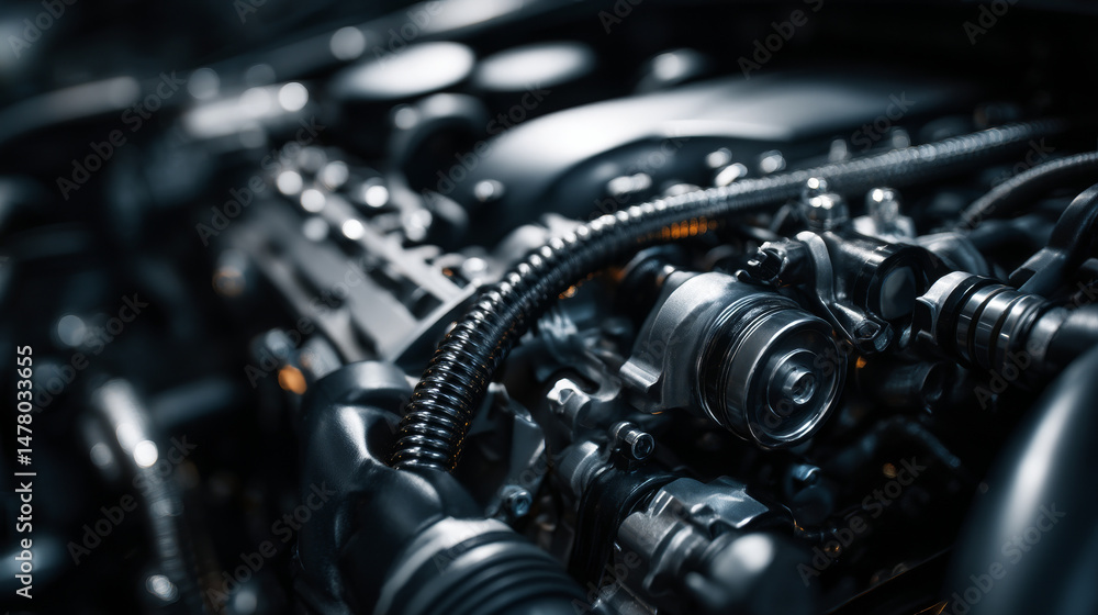 Poster close-up view of a complex engine mechanism highlighting intricate details.