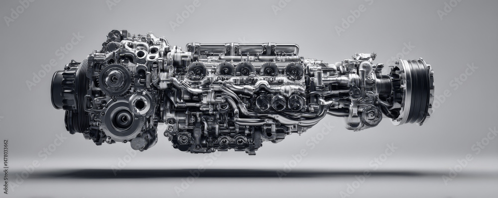 Poster close-up view of a complex engine showcasing intricate mechanical parts.