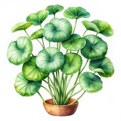 Watercolor illustration of a green pennywort plant with large round leaves in a brown pot.