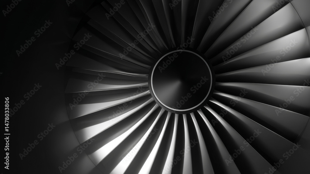 Poster close-up view of a jet engine turbine showcasing intricate design and engineering.